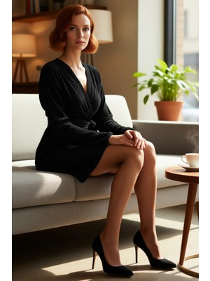 FRM Kadın Kruvaze Yaka Pilise Polyester Uzun Balon Kol Mini Boy A Kesim Bağlama Detaylı Kışlık Abiye