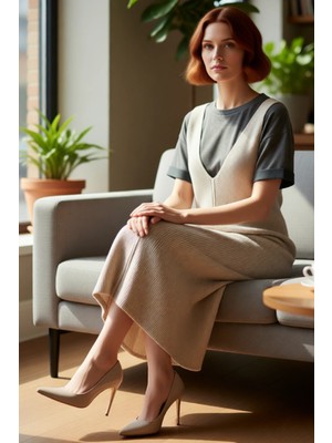 FRM Kadın Gri Kolsuz V Yaka Jile Elbise Akrilik Midi Boy Orta Kalınlık Günlük Şıklıkta Ideal Seçim