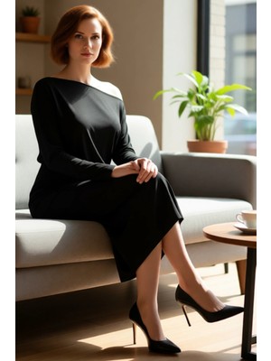 FRM Şık Kadın Asimetrik Yaka Düz Desen Uzun Kollu Bodycon Örme Elbise Kış Mevsimi Için Uygun ve Zarif