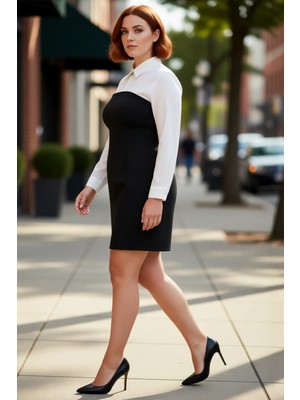 PayBuy Kadın Bodycon Renk Bloklu Mini Elbise Gömlek Yaka Uzun Kol Iş ve Günlük Şıklığına Özel Tasarım