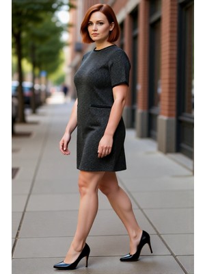 PayBuy Kadın Kısa Kol Shift Kalıp Midi Boy Tüvit Dokuma Elbise Ofis ve Iş Ortamı Şıklığı Için Kaliteli
