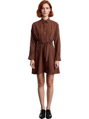 Ersefa Kadın Modern Kuşaklı Gömlek Yaka Mini Elbise Yarasa Kol Rahat Kesim Ilkbahar Yaz Şıklığı Kaliteli