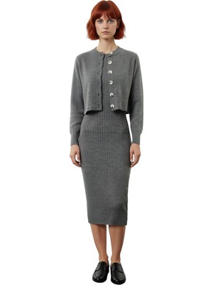 Ersefa Kadın Şık Akrilik Bisiklet Yaka Uzun Kol Bodycon Midi Triko Elbise Hırka Seti Günlük Kaliteli