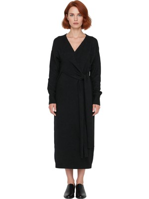 Ersefa Kadın Düz Desen Kruvaze Kesim Triko Midi Elbise Uzun Düşük Kol Detaylı Kış Giyim Şıklığı Kaliteli