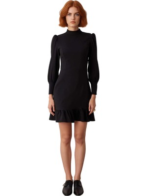 Ersefa Kadın Lacivert A Kesim Dokuma Elbise Dik Yaka Balon Kollu Mini Boy Sonbahar Kış Ofis Stili