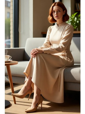 FRM Modern Kadın Lacivert Maxi Boy Aerobin Dokuma Hakim Yaka Britli Düz Şık Rahat Elbise Kaliteli