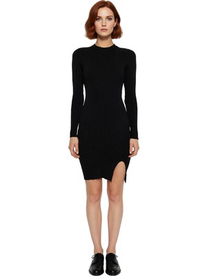 Ersefa Kadın Düz Desen Ince Yapılı Bodycon Mini Triko Elbise Uzun Kollu Bisiklet Yaka Kombin Kaliteli