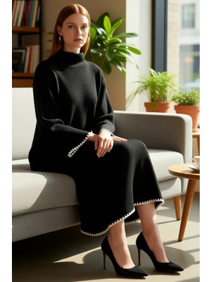 FRM Kadın Düz Renk Dik Yaka Uzun Kollu Triko Elbise Shift Kalıp Çoban Dikiş Detaylı Kışlık Maxi