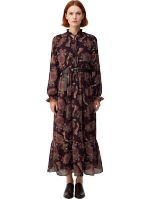 Ersefa Kadın Kahverengi Astarlı Şal Desen Dokuma Şifon Maxi Elbise Balon Kol ve Kemerli Tasarım Kaliteli