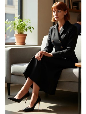 FRM Kadın Kruvaze Kesim Ceket Yaka Maxi Dokuma Elbise Şık ve Konforlu Günlük Ofis Kombinleri Için