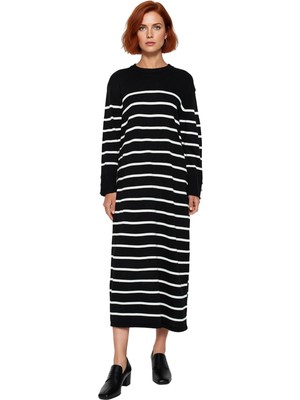 Ersefa Kadınlar Için Rahat Shift Kalıp Çizgili Triko Maxi Elbise Düşük Kol Düğmeli Kışlık Günlük Şıklık