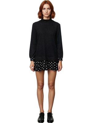 Ersefa Kadın Casual Stil Selanik Örme Mini Elbise Dik Yaka Uzun Kollu Çiçek Desen Detaylı Konforlu