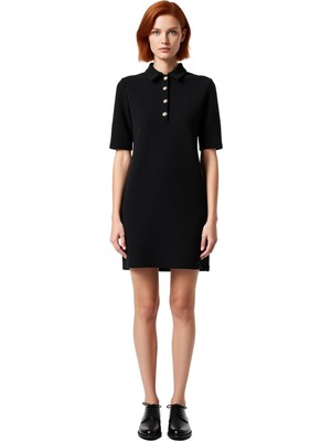 Ersefa Bayan Smart Casual Düz Desenli Örme Kumaş Düğmeli Kısa Kollu Mini Elbise Sonbahar Kış Stili