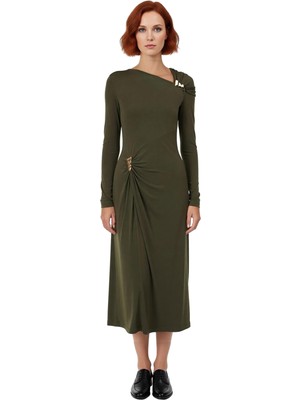 Ersefa Kadın Uzun Kollu Asimetrik Yaka Bodycon Kesim Örme Maxi Elbise Mezuniyet Balo Şıklığı Için
