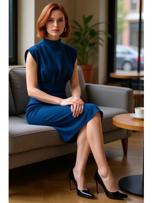 FRM Kadın Ilkbahar Sonbahar Midi Boy Bodycone Dokuma Elbise Büzgülü Dik Yaka Kolsuz Zarif Stil