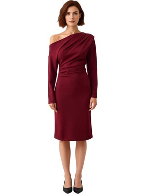 Ersefa Şık Kadın Asimetrik Yaka Bodycon Kalıp Midi Boy Uzun Kollu Scuba Krep Örme Elbise Günlük ve Özel