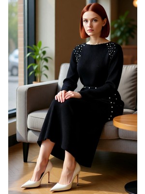 FRM Kadın Şık Inci Detaylı Kuşaklı Triko Maxi Elbise Akrilik Materyal Ribana Dokulu Günlük Stili