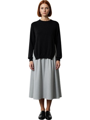 Ersefa Kadın 100% Pamuk Midi Elbise Siyah Triko Garnili Çizgili Desen Günlük ve Rahat Stil Kaliteli