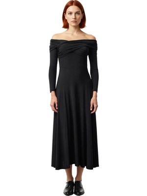 Ersefa Kadın Carmen Yaka Uzun Kol A Line Siluet Polyester Karışımlı Maxi Abiye Elbise Özel Davetler Için.