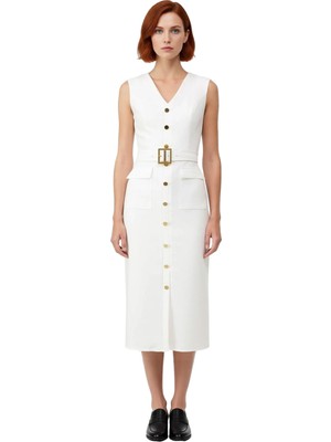 Ersefa Kadınlar Için Düz Desenli Bodycon Siluet Kolsuz Midi Dokuma Elbise V Yaka ve Kemerli Tasarım