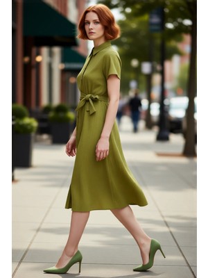 PayBuy Kadın Gofre Dokuma Midi Boy Kısa Kollu Gömlek Elbise Modern Şıklık ve Rahatlık Sunar Kaliteli