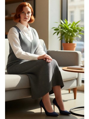 FRM Kadın V Yaka Triko Jile Midi Elbise Gri Düz Desen Shift Kalıp Rahat Şıklık Ilkbahar Sonbahar