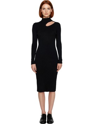 Ersefa Kadın Midi Boy Bodycon Triko Elbise Fitilli Dokuma Dik Yaka Cut Out Detaylı Şık Uzun Kol Kaliteli