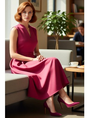 FRM Kadın Skater Kalıp V Yaka Kemer Detaylı Maxi Elbise Saten Dokusuyla Etkileyici Bir Şıklık Kaliteli