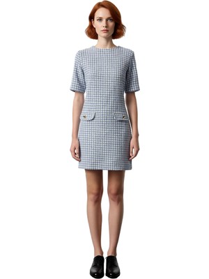 Ersefa Kadın Kazayağı Desenli Tüvit Kumaş Kısa Kollu Bisiklet Yaka Shift Elbise Gündüz Gece Kullanım