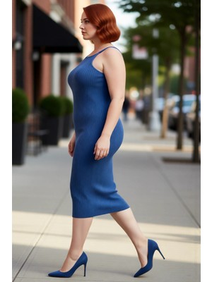 PayBuy Kadınlar Için Bodycon Kesim Mavi Kolsuz Midi Boy Fitilli Triko Elbise Yaz Stiliyle Modern Şıklık