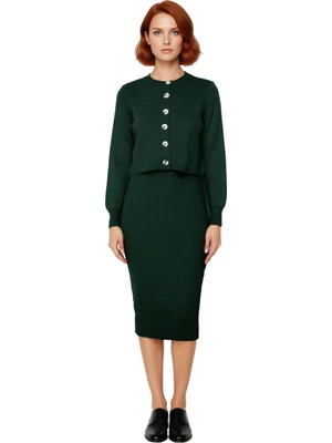 Ersefa Kadın Şık Akrilik Bisiklet Yaka Uzun Kol Bodycon Midi Triko Elbise Hırka Seti Günlük Kaliteli