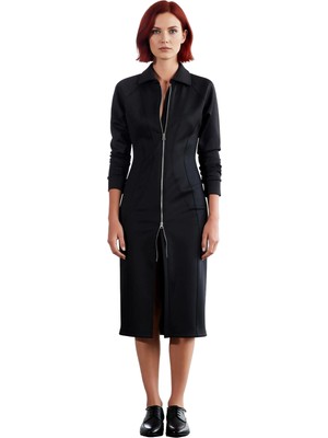 Ersefa Kadınlar Için Bodycon Kesim Polo Yaka Uzun Kollu Siyah Örme Midi Elbise Tam Fermuarlı Kaliteli