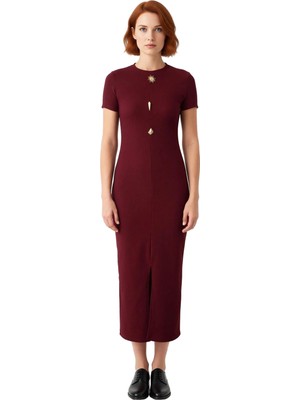 Ersefa Kadın Kısa Kollu Düz Desen Bodycon Elbise Bisiklet Yaka Ottoman Örme Midi Boy Günlük Stile Uygun