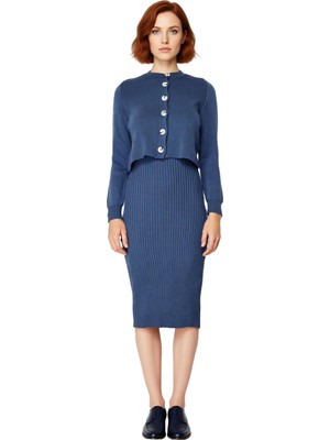 Ersefa Kadın Şık Akrilik Bisiklet Yaka Uzun Kol Bodycon Midi Triko Elbise Hırka Seti Günlük Kaliteli