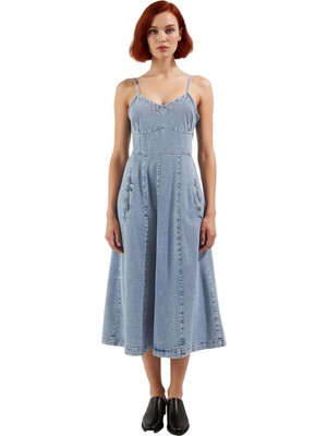 Ersefa Kadın Askılı V Yaka %100 Pamuk Denim Elbise Midi Boy Düz Eteği Fırfırlı Casual Yaz Şıklığı