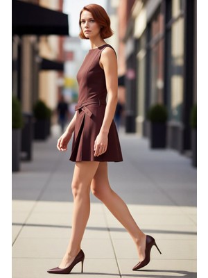 PayBuy Kadın Skater Kalıp Kayık Yaka Kolsuz Düz Dokuma Mini Elbise Kemeri Pileli Kış Şıklığı Gardırobunuzda