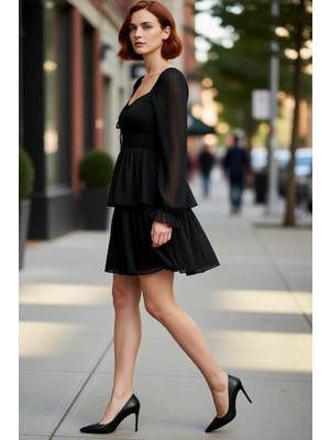 PayBuy Kadın Çiçek Desenli Kalp Yaka Balon Kol Şifon Mini Elbise Ilkbahar Yaz Şıklığı Için Ideal.