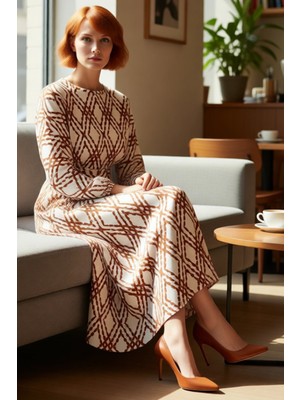 FRM Kadın Şık Crinkle Dokuma Kemerli Balon Kol Skater Kalıp Geometrik Desenli Günlük Elbise Kaliteli