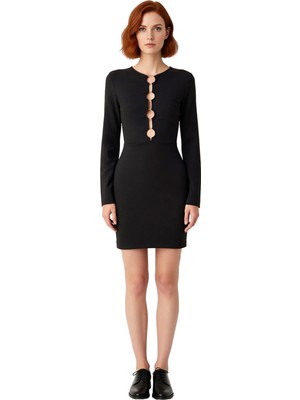 Ersefa Kadın Şık Bodycon Mini Elbise Aksesuar Detaylı Uzun Kollu Dokuma Kumaş Kokteyller Için Ideal