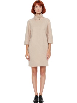 Ersefa Kadın Düz Desen Balıkçı Yaka Örme Elbise Shift Kalıp Düşük Truvakar Kol Kış Sezonu Için Ideal Mini