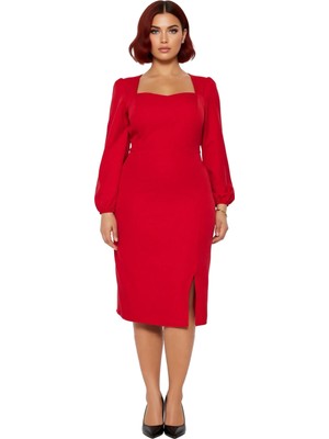 Ersefa Kadınlara Özel Şık Shift Kalıp Kare Yaka Düz Uzun Balon Kol Midi Boy Yırtmaçlı Elbise Kaliteli