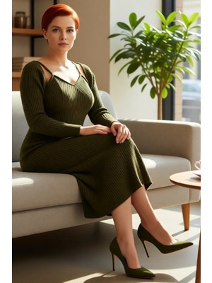 FRM Kadın Uzun Kollu Yırtmaç Detaylı Fitilli Triko Bodycon Midi Elbise ve Bolero Takım Kaliteli