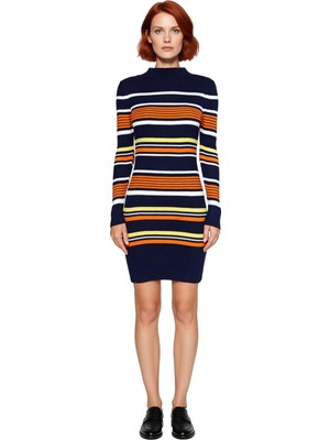Ersefa Kadın Dik Yaka Uzun Kollu Bodycon Triko Elbise Lacivert Tonlarda Renk Bloklu Fitilli Kış Modası