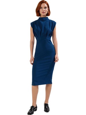 Ersefa Kadın Çok Renkli Desenli Bodycon Siluet Midi Elbise Kolsuz Dik Yaka Polyester Karışımlı Konfor