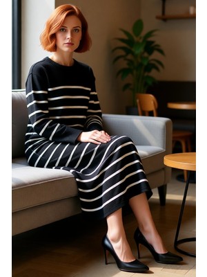 FRM Kadın Şık Siyah Çizgili Maxi Triko Elbise Düşük Kol Düğme Detaylı Bisiklet Yaka Kış Sezonu Için