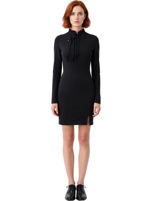 Ersefa Kadın Siyah Bağlama Detaylı Dik Yaka Bodycon Mini Elbise Şık Geceler Için Astarlı Örme Kaliteli