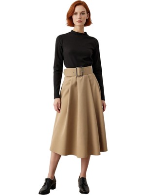 Ersefa Kadın A Line Midi Renk Bloklu Kemerli Örme Elbise Bisiklet Yaka Tasarımıyla Soğuklarda Ideal