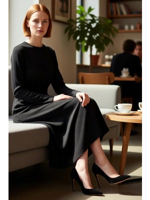 FRM Kadın Düz Desen Astarsız Bisiklet Yaka A Line Maxi Elbise Ilkbahar Sonbahar Için Idealdir Kaliteli