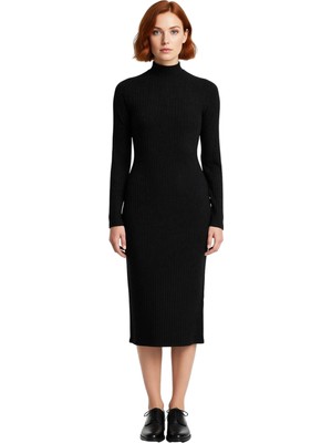 Ersefa Kadın Dik Yaka Uzun Kollu Bodycone Örme Midi Elbise Yırtmaçlı Fitilli Tasarım Soğuk Havalar Için