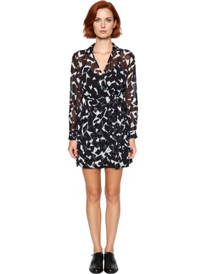 Ersefa Kadın Şık Geometrik Desenli Kruvaze Uzun Balon Kol Bağlama Detaylı Astarlı Mini Elbise Kaliteli